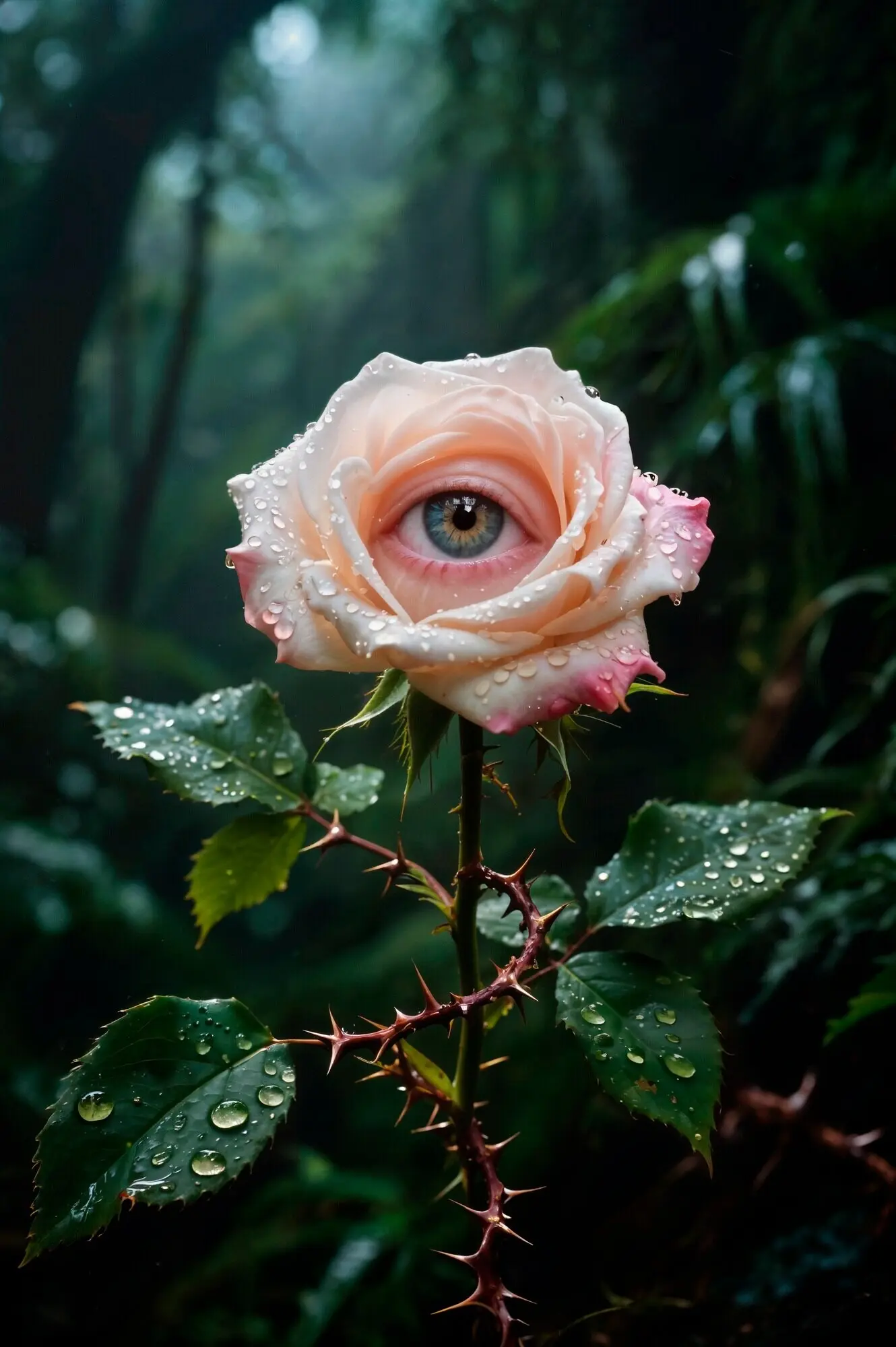 Surreale Rose mit einem Auge in einer Waldszenerie